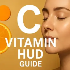 En närbild på en kvinna med slutna ögon bredvid en apelsinskiva och texten "C VITAMIN HUD GUIDE".