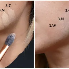 Tre nyanser av foundation, 3.C, 3.N och 3.W, testas på huden. 3.N har en neutral underton.