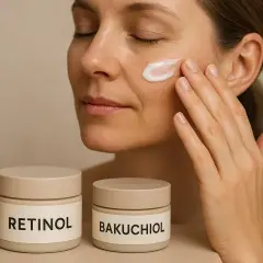Kvinna applicerar kräm på kinden. Två burkar syns, en märkt RETINOL, den andra BAKUCHIOL. Retinol kan hjälpa mot akne.
