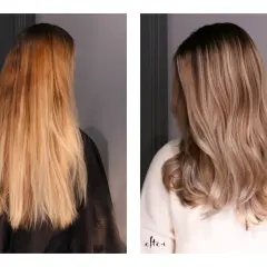 Före och efter: varmt, kopparfärgat hår blir en sval, mellanblond toning på blekt hår.