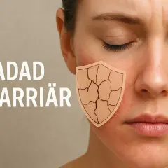 Ansiktet visar tecken på reaktiv hud med en skadad hudbarriär, illustrerad av ett sprucket sköldmotiv.