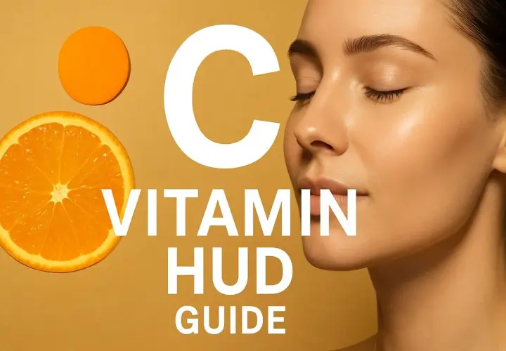 En närbild på en kvinna med slutna ögon bredvid en apelsinskiva och texten "C VITAMIN HUD GUIDE".