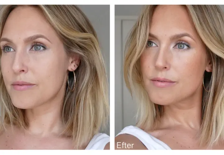 Före och efter-bilder på en kvinna. Efter-bilden visar hur en kall bronzer ger en solkysst look och framhäver kindbenen.