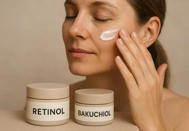Kvinna applicerar kräm på kinden. Två burkar syns, en märkt RETINOL, den andra BAKUCHIOL. Retinol kan hjälpa mot akne.