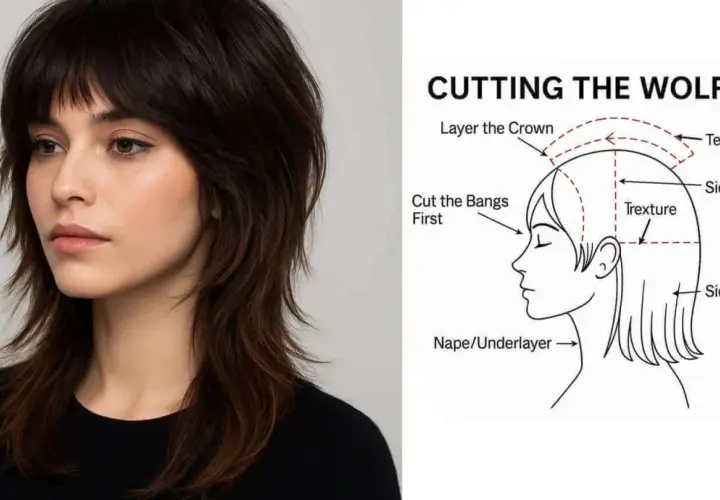 En kvinna med en modern wolf cut frisyr. Bredvid en illustration som visar hur man klipper en wolf cut.