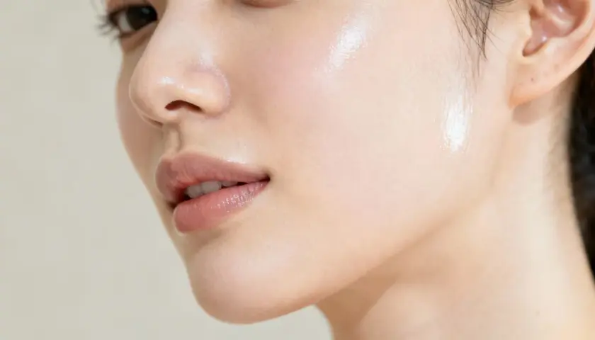 Närbild på en persons ansikte med glansig, återfuktad hud. En visuell guide till hur man får clear skin.