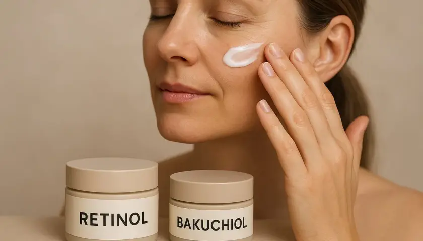 Kvinna applicerar kräm på kinden. Två burkar syns, en märkt RETINOL, den andra BAKUCHIOL. Retinol kan hjälpa mot akne.