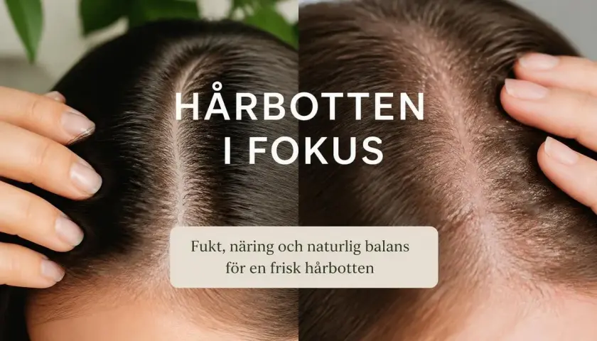 Två närbilder av hårbotten, en med mörkt hår och en med ljusare hår. Texten "Hårbotten i fokus" och "Fukt, näring och naturlig balans för en frisk hårbotten" antyder lösningar för torr hårbotten och håravfall.