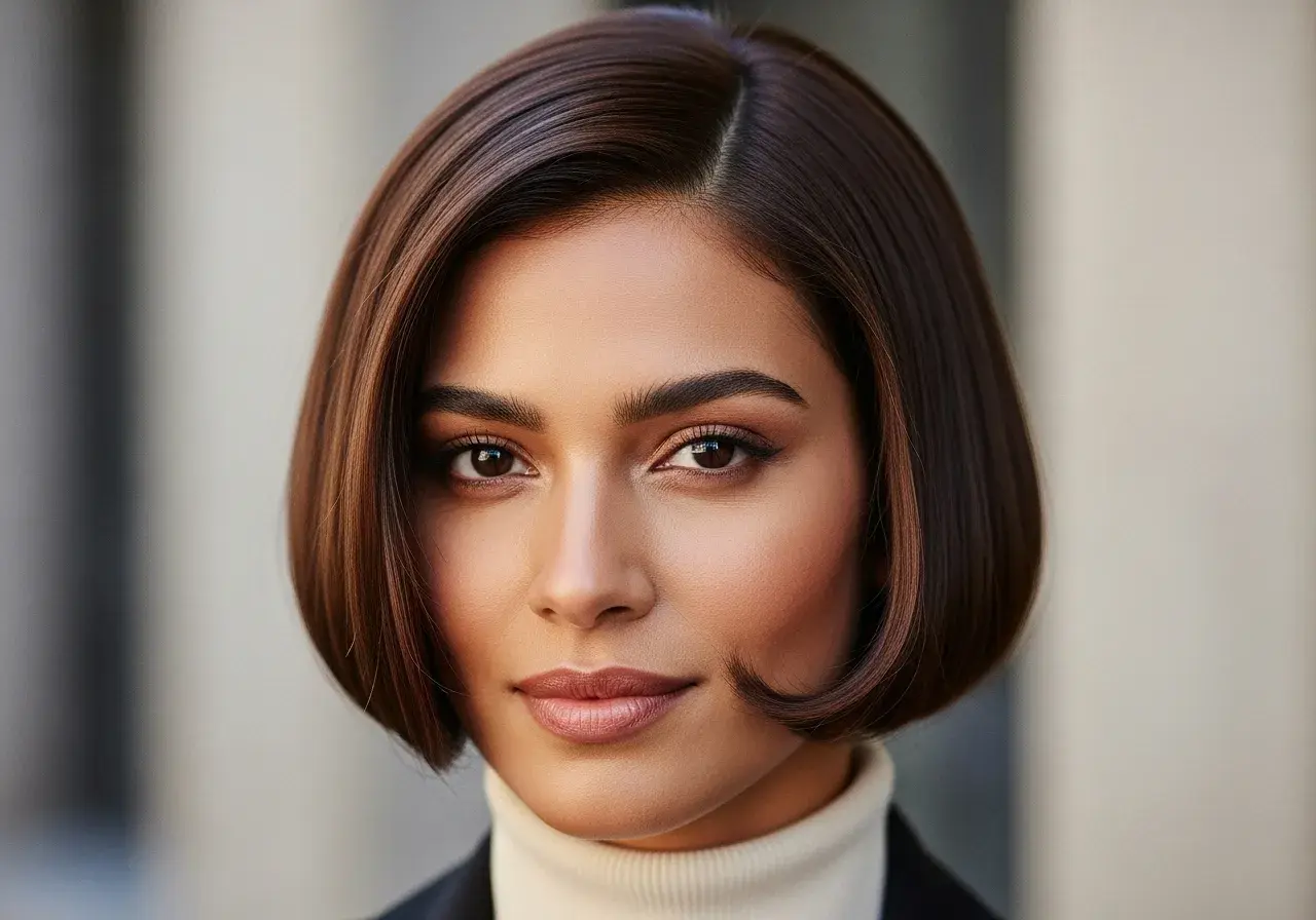 En kvinna med en elegant, mörkbrun bobfrisyr. Hon har en polerad look som kan inspirera frågan: vilken frisyr passar mig?