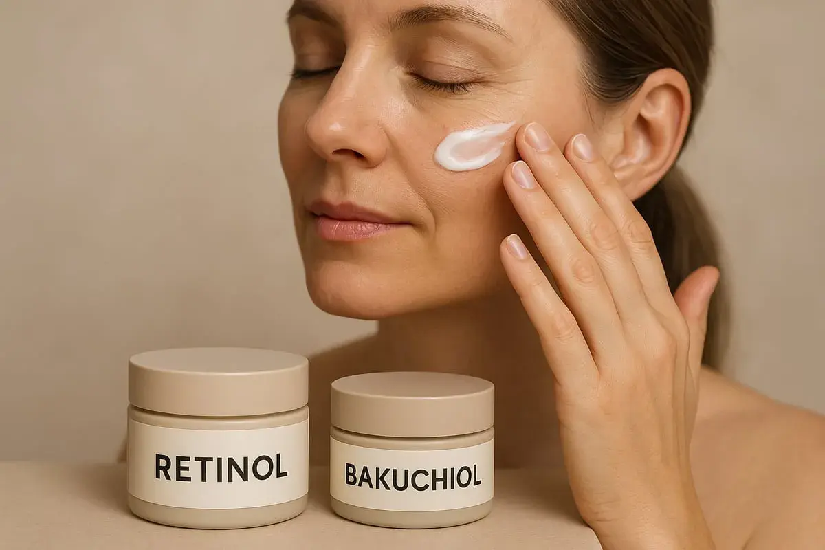 Kvinna applicerar kräm på kinden. Två burkar syns, en märkt RETINOL, den andra BAKUCHIOL. Retinol kan hjälpa mot akne.