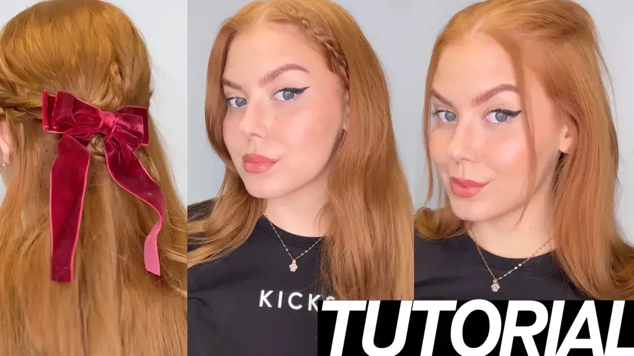 En tutorial för att fixa håret med en söt fläta och en röd sammetsrosett.