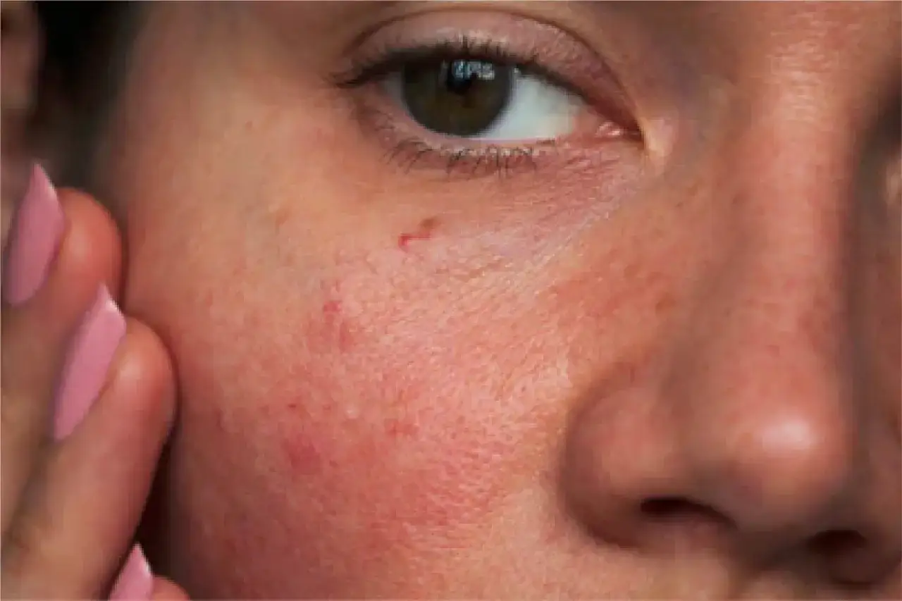 N&auml;ra bild p&aring; en persons kind med rodnad och sm&aring; utslag, m&ouml;jligen niacinamide biverkningar. En hand med rosa naglar syns i f&ouml;rgrunden.