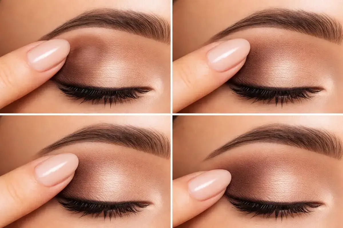 En n&auml;rbild p&aring; ett &ouml;ga som f&aring;r en mjuk, brun &ouml;gonskugga applicerad. En perfekt latte makeup-look skapas steg f&ouml;r steg.