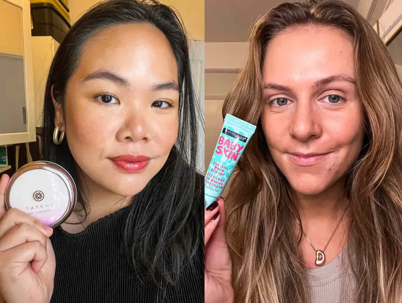 Tv&aring; kvinnor visar upp sina hudv&aring;rdsprodukter. Den ena h&aring;ller en silikonbaserad primer fr&aring;n Maybelline.