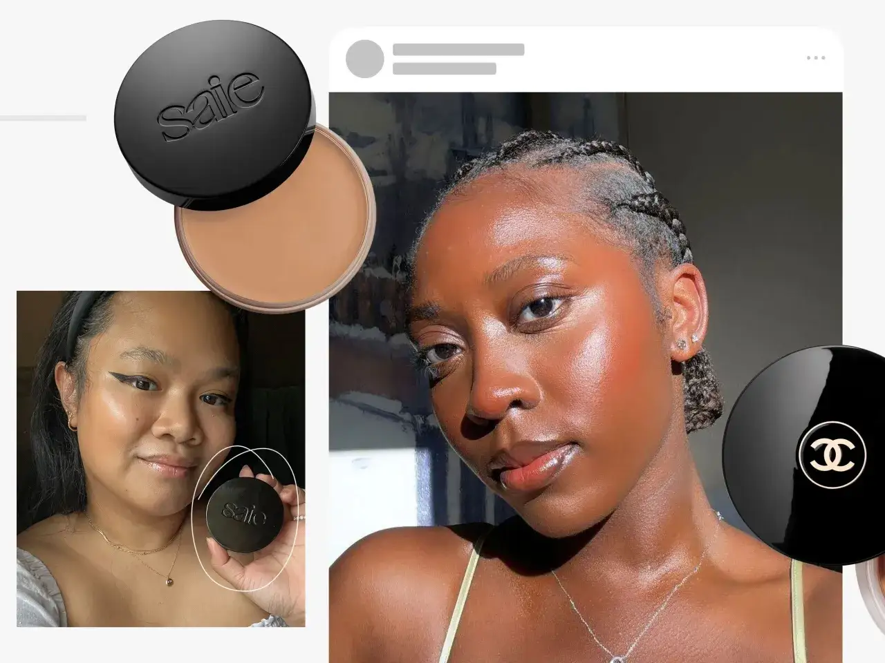 En kvinna med fl&auml;tor visar upp sin gl&ouml;dande hud, med en burk Saie bronzer och en Chanel-produkt i bild.