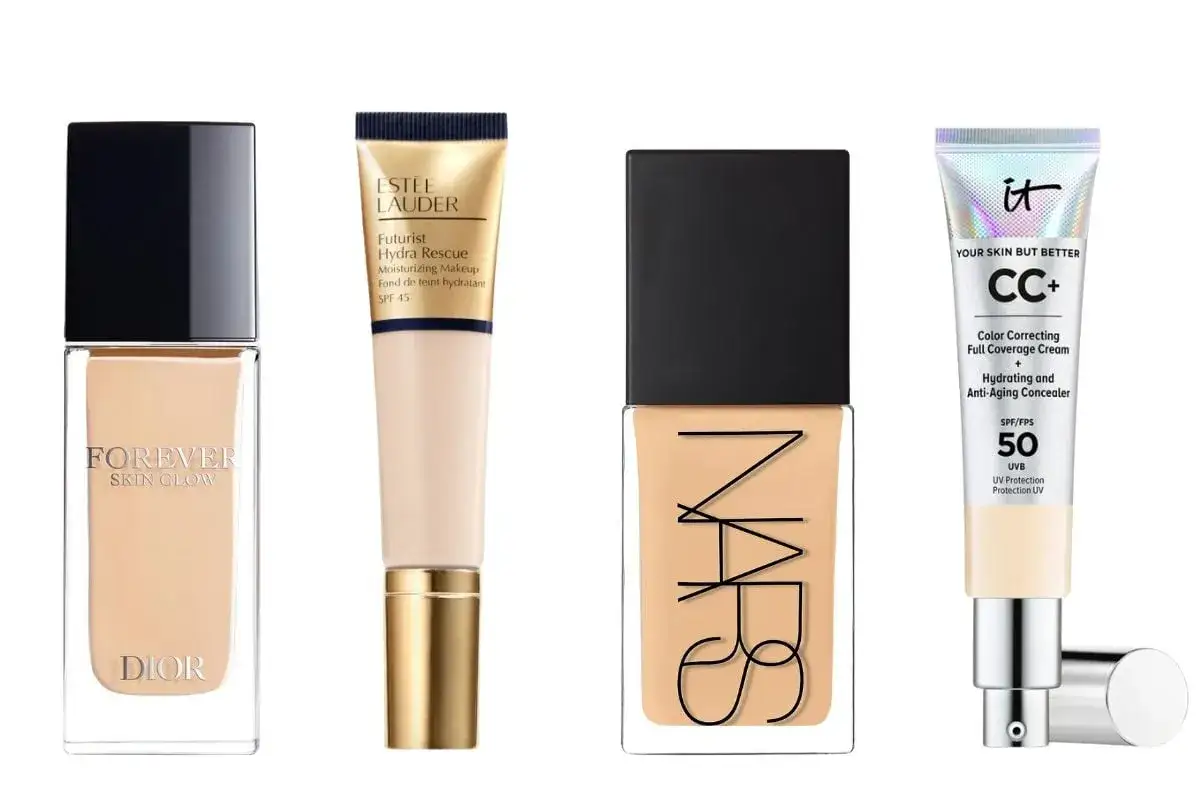 Fyra foundations: Dior Forever Skin Glow, Est&eacute;e Lauder Futurist Hydra Rescue, NARS och IT Cosmetics CC+ Cream. Perfekt f&ouml;r att sminka rynkor och ge huden lyster.