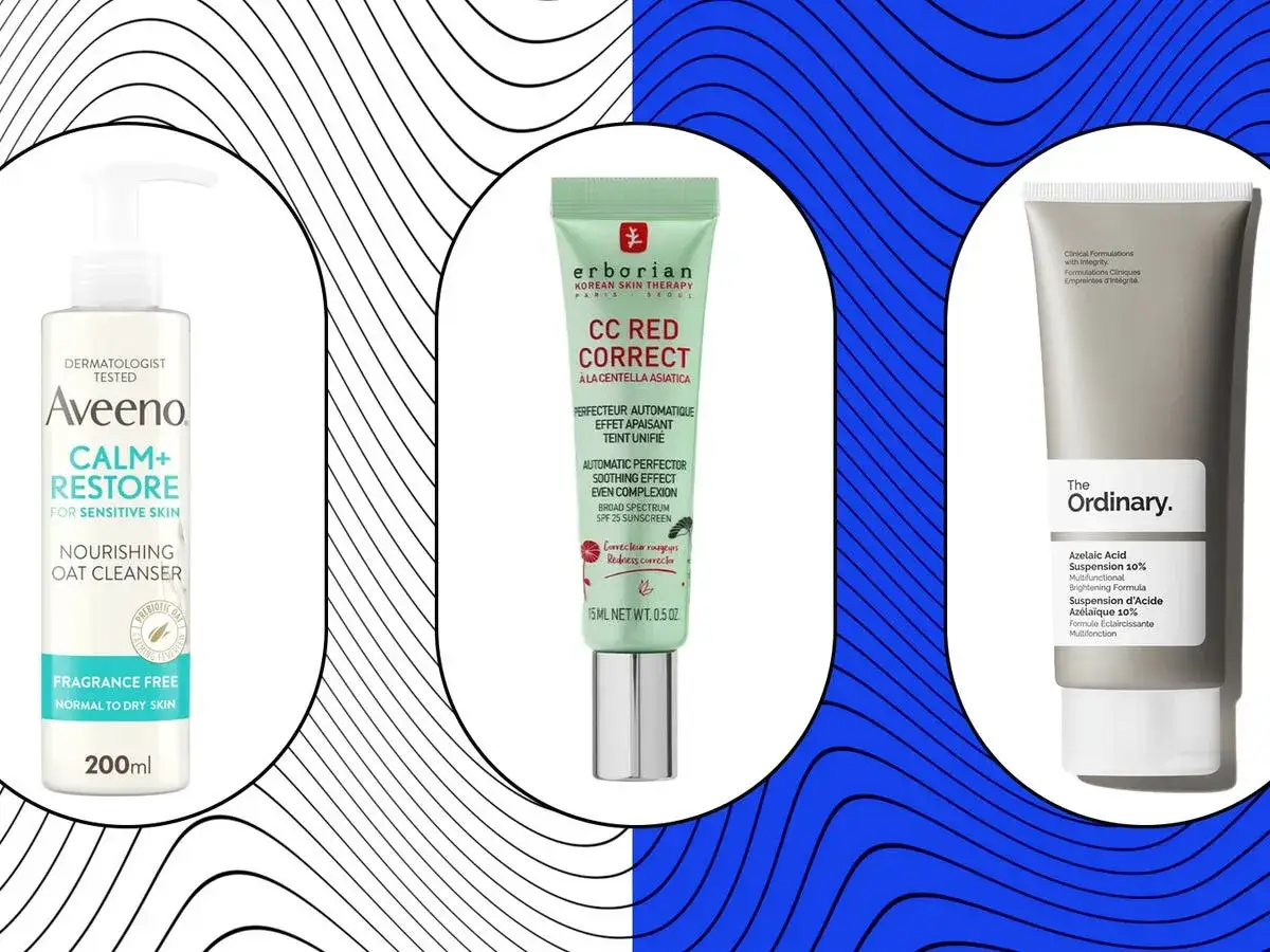 Produkter f&ouml;r hudv&aring;rd rosacea: Aveeno Calm+Restore, Erborian CC Red Correct och The Ordinary Azelaic Acid Suspension.